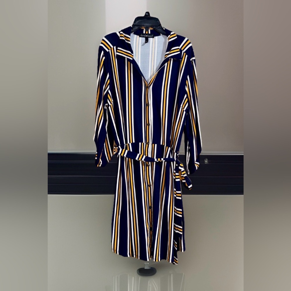 Derek Heart Women’s Navy & Yellow Striped Shirt Dress - L - EUC